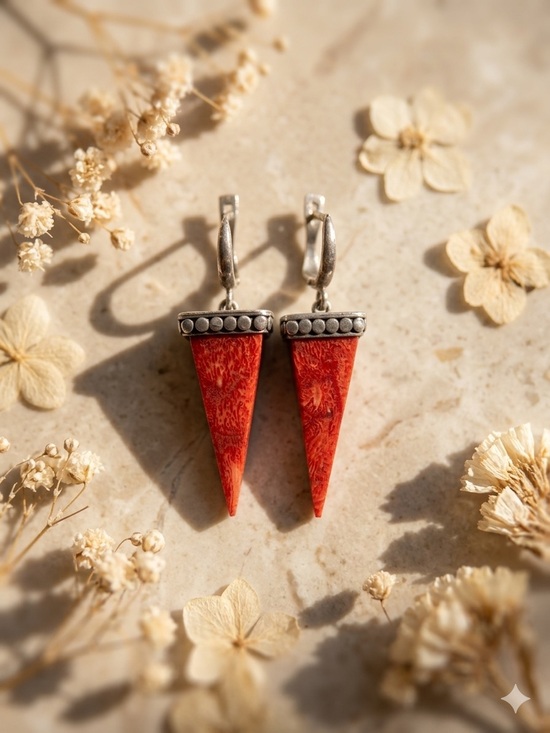 None Jewelry - Handcrafted Red Coral Spike Drop Earrings - Jewelry Real Silver Stamped 925